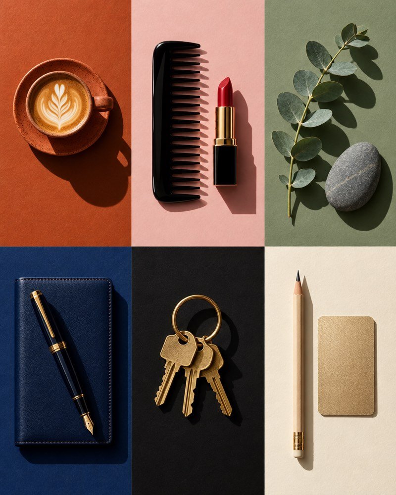 Seis bloques de color, uno por giro: café sobre terracota, peine y labial sobre rosa, eucalipto sobre salvia, pluma sobre azul marino, llaves sobre negro y un lápiz sobre marfil.